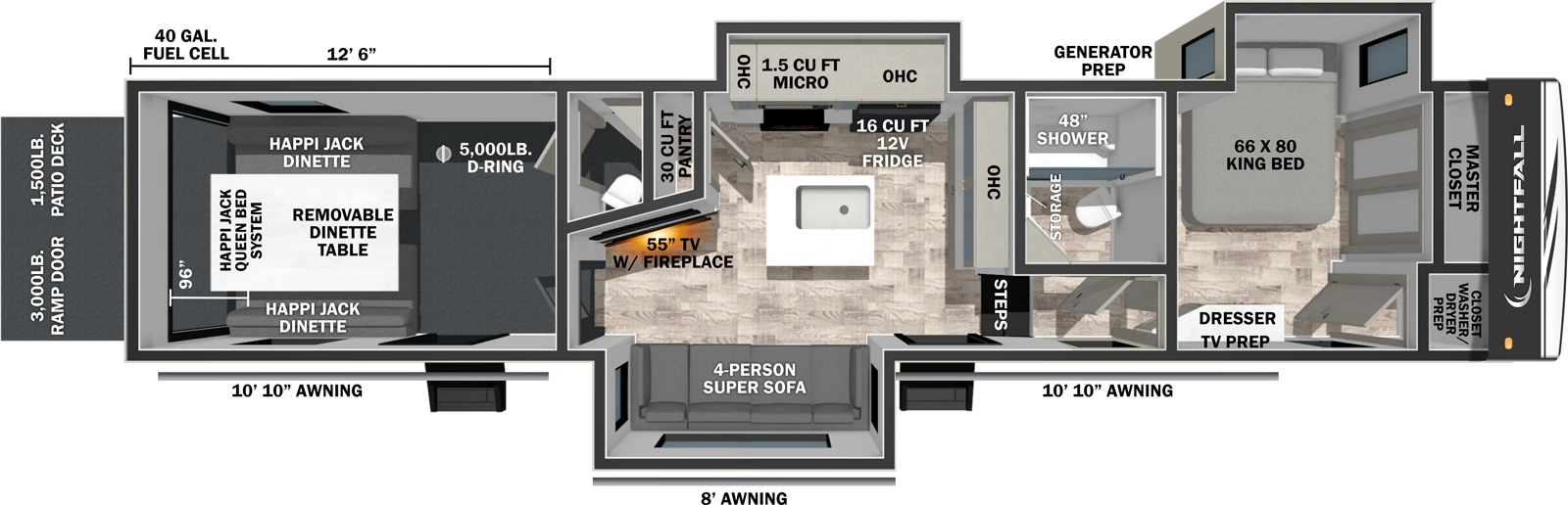 The Nightfall 343NHD floorplan is a toy hauler that has two entries and three slide outs. Exterior features include: fiberglass exterior, 10'10", 8' and & 10'10" awning. Interiors features include: kitchen island, front bedroom and bathroom and a half.